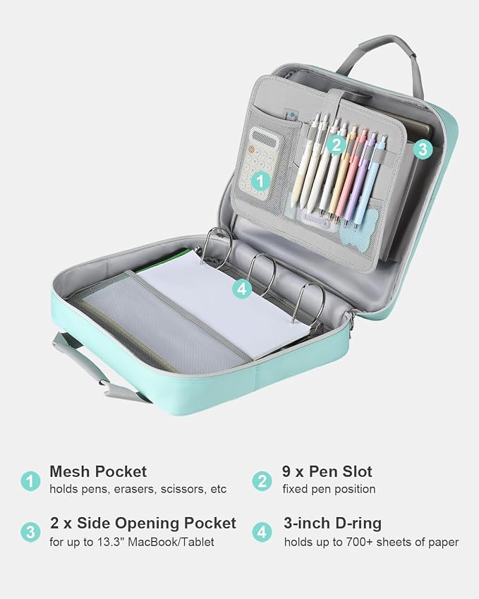 3 Inch Zipper Binder 3 Ring with Shoulder Strap & Multi-Pocket | Binder with Zipper Holds Up to 700 Sheets for Office School, Compatible with 13” MacBook Laptop ipad, Light Blue