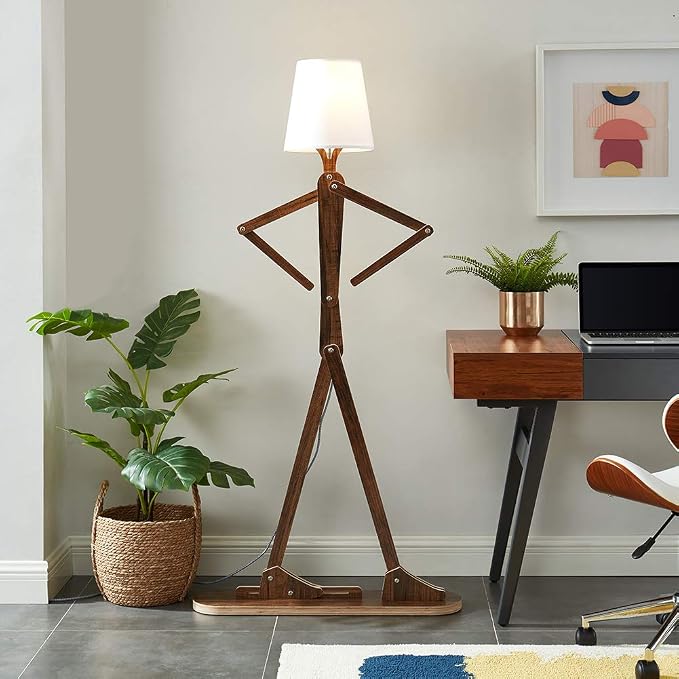 Unique Tall Reading Wood Floor Lamp, LED Bulb Included, Teak | Cool Decorative Corner, Rustic Swing Arm Standing Lighting for Kids Bedroom, Living Room, Dorm, Office, Farmhouse