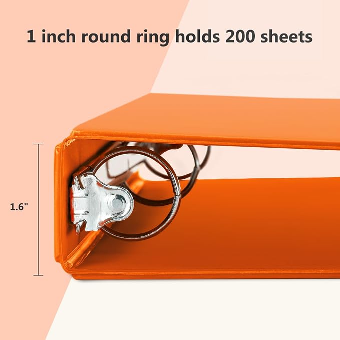 ViVin 1 Inch Round Ring View Binder for Durability, 6-Pack (Orange) | Standard 3 Ring Binder for 200 Sheets of US Letter Size Paper, PVC-Free, Clear View Cover, Office Home School Use