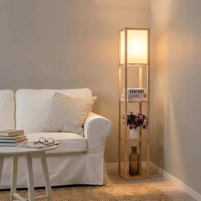 Brightech Maxwell - Modern Shelf Floor Lamp with Lamp Shade & Warm White LED Bulb, Corner Display Floor Lamp with Shelves for Living Room, Bedroom, Nightstand Office, Home Decor Storage - Natural Wood