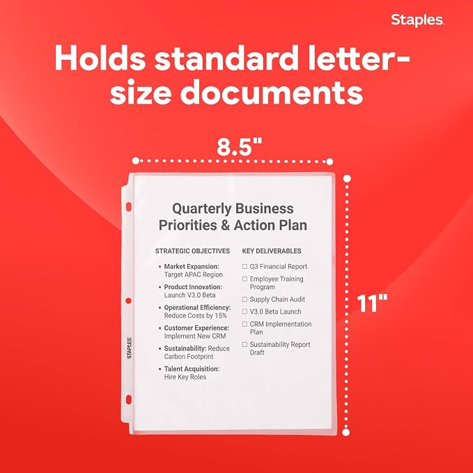 Staples Sheet Protectors, 8.5x11 Inch, Top-Loading, Clear, 200-Pack | 2.4 mil standard-weight pages protect documents in binders and folders.