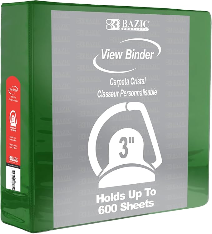 BAZIC Products 3" Green 3-Ring View Binder, Slant-D Ring, 2 Pockets | 2 inside pockets, 3 in Green view 3-ring binder, slant-D rings, holds up to 600 sheets, Durable poly cover, 2 Pockets