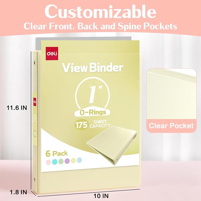 deli 1-inch 3 Ring Binder 6 Pack,11" x 8.5" US Letter Size | 1 inch Binders with 2 Interior Pockets,175 Sheets Capacity,Assorted 6 Pastel Colors