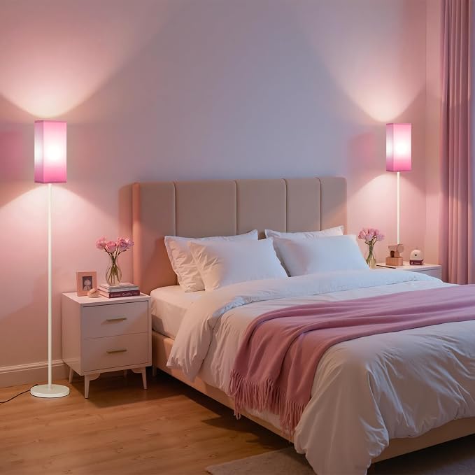 64.6" Floor Lamp, Pole Lamp with Foot Switch, Modern Standing Lamp Shade, Minimalist Freestanding Lamp (Bulb Not Included), for Living Room, Bedroom Office ETL Listed,White and Pink WP07LD05