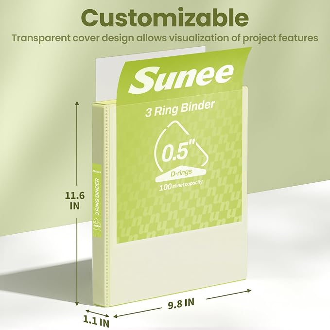 SUNEE 3 Ring Binder, 1/2 Inch D Ring, Clear View PVC-Free (Fit 8.5x11 Inches), Green, 1 Pack