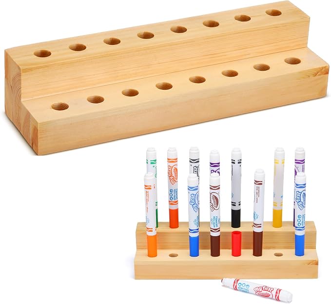 Cinnvoice Wooden Marker Stand Marker Pen Holder Storage Organizer for Classroom Display Stand Paint Brush Holder for Organization Storage Supplies(16 Holes)
