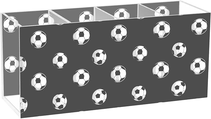 Football Print Black White 4 Compartment Acrylic Pencil Holder, Printed Pencil Holder Makeup Brush Holder Acrylic Desktop Accessories for Pencil Cutlery Toiletries Storage