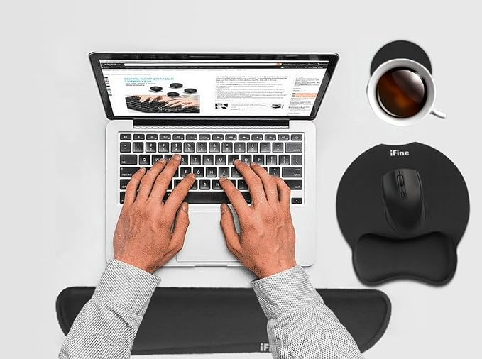 iFine Upgrade Enlarged Superfine Fibre Soft Smooth Memory Foam Ergonomic Mouse Pad & Keyboard Wrist Rest for Desktop Laptop Mac Gaming Office School or Home for Stress Free Typing (Black with Coaster)