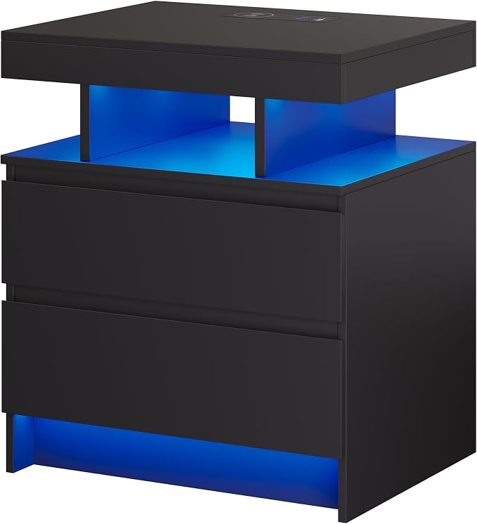 dnbss LED Nightstand with Charging Station, Smart Bedside Table, Black | Modern Night Stand, Floating Desktop, 2 Drawers, 1 Compartment, Human Body Sensor, for Bedroom Living Room Office Storage