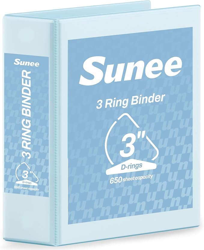 SUNEE 3 Ring Binder 3 Inch D Ring, Clear View Binder Three Ring PVC-Free (Fit 8.5x11 Inches) for School or Office Supplies, Pastel Blue, 1 Pack