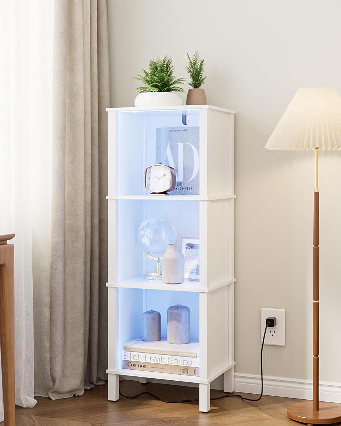 Bookshelf with LED Lights, Modern 3-Tier Bookcase, Open Storage Book Shelf, 11 × 14.2 × 38.9 Inches, Small Narrow Bookshelves for Living Room, Home Office, Bedroom, White