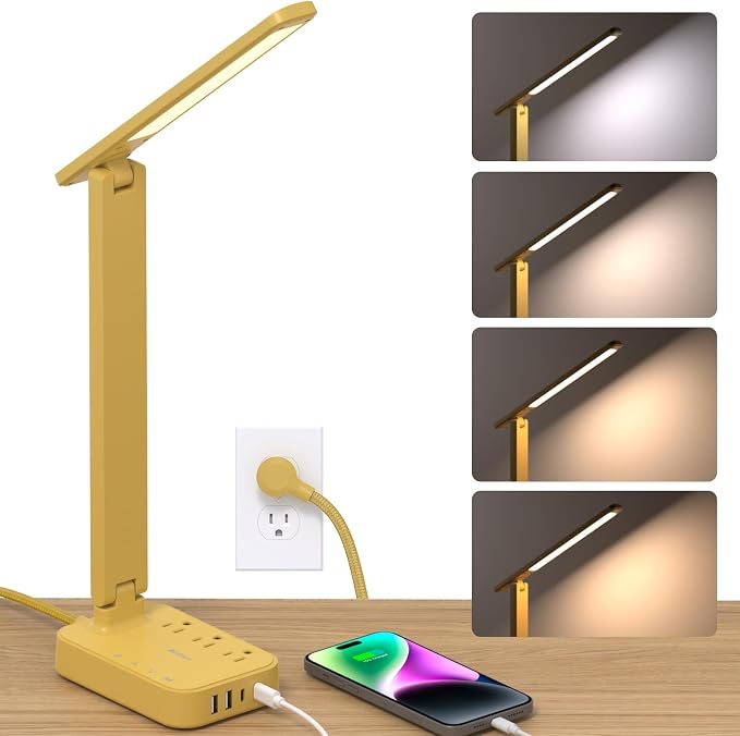 Addtam LED Desk Lamp, Power Strip with 3 Outlets 4 USB Charging Ports(2 USBC), 4 Modes 5 Level Brightness Touch Lamp, Small Desk Lamp for Home Office College Dorm Room Essentials, Yellow