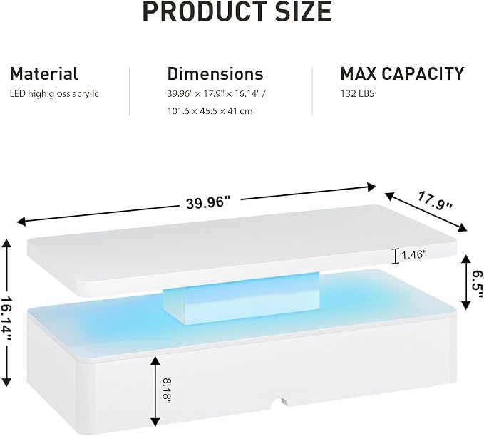 40" Modern LED Coffee Table, 2 Tier Rectangular Center Table with 16 Colors Lights & Large Storage Space, High Glossy Wooden Tea Table for Living Room, Bedroom, Home Office, White