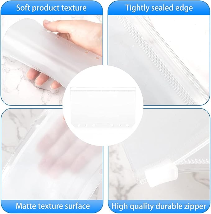 30pcs A5 Binder Pockets 6 Holes Zipper Folders Clear PVC Card Loose Leaf Bags Cash Envelopes for Budgeting Binder Waterproof Document Filing Bags for 6 Ring Notebook Planner Inserts