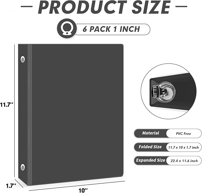 3 Ring Binder 1 Inch, PANDRI 6 Pack 1-Inch Binder Fits Letter Size 8.5'' x 11'' Paper, Versatile Binders for Office Home School, 2 Pockets, Black