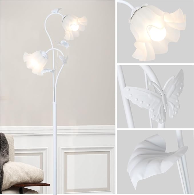 HMVPL White Flower Standing Lamp, Floral Tall Lamp with 2 LED 5W Blubs, Foot Switch, Modern Corner Floor Lamp with Acrylic Shade, Antique Lotus Flower Floor Lamp for Living Room Office Reading
