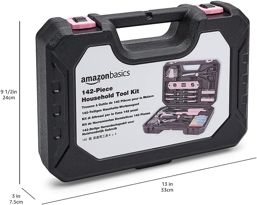 Amazon Basics 142-Piece Household Tool Kit for Home Repair, Hand Tools with Storage Case, 13.39 x 9.25 x 2.95 inch, Pink