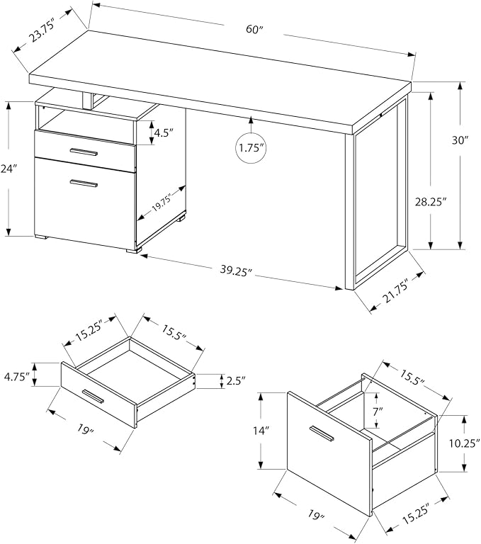 Monarch Specialties Computer Writing Desk for Home & Office Laptop Table with Drawers Open Shelf and File Cabinet-Left or Right Set Up, 60" L, Dark Taupe