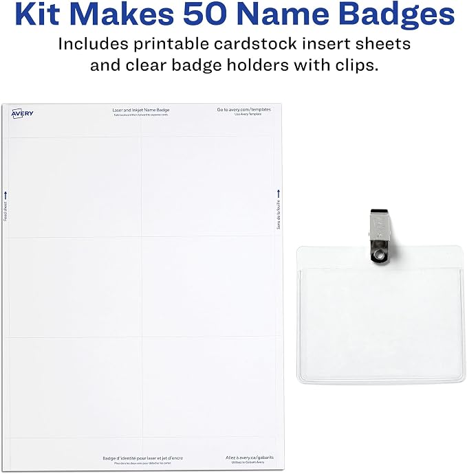 Avery® Customizable Name Badges, Clip Style, 3" x 4", Clear Name Tag Holders, White Laser/Inkjet Printable Inserts, 50 Total (74536)
