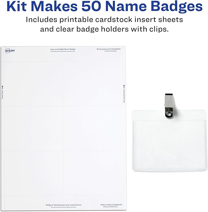 Avery Customizable Name Badges, Clip Style, 3" x 4", Clear Name Tag Holders, White Laser/Inkjet Printable Inserts, 50 Count (74536) (Pack of 5)