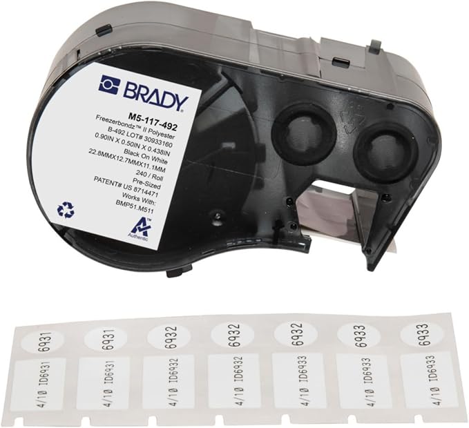 Brady Authentic (M5-117-492) FreezerBondz™ Ultra-Thin Cryogenic Polyester LBL 0.5 x 0.9 x 0.44Dia Black on White, 240 Labels. for use with the BMP51 and M511 Label Printers