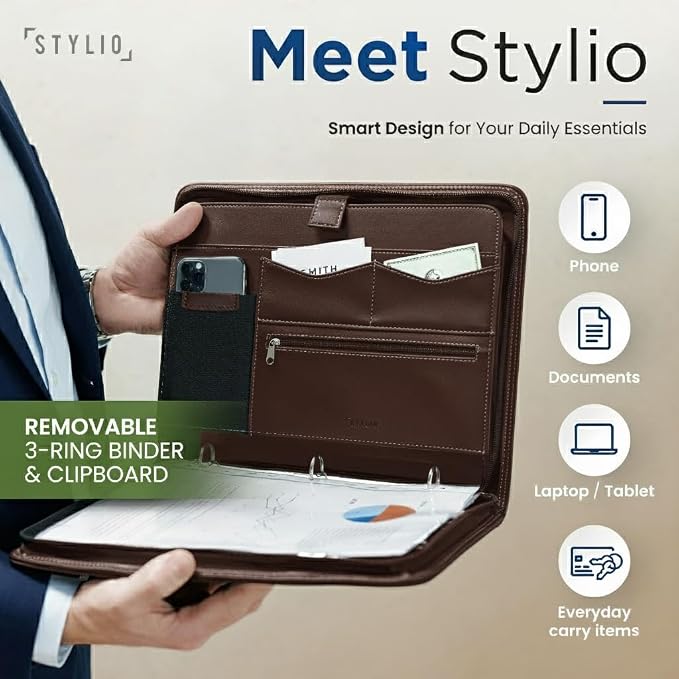 STYLIO Walnut Zipper Portfolio Binder w/Carrying Handle | Removable 3-Ring Binder (1") w/Clipboard Padfolio | Organizer for Documents, iPad, Tablet, Notebook | Business Leather Folder for Men Women