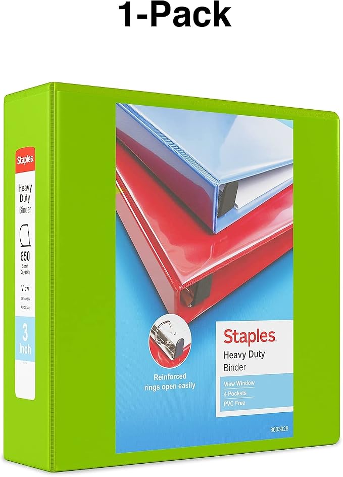 Staples Heavy-Duty 3-Inch D-Ring View Binder, Reinforced Spine, Holds Up to 600 Sheets, Chartreuse, for Office & School