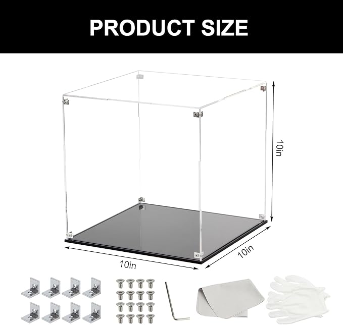 10x10x10Inch Self-Assembly Acrylic Clear Display Case | Acrylic Display Box Cube Collectibles Show Box, Removable Countertop Box for Collectible Helmet Basketball Home Organization