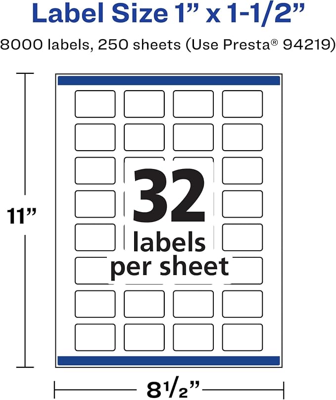 Avery® Matte White Rectangle Labels, Sure Feed® Technology, 1" x 1.5", 8,000 Matte White Printable Labels