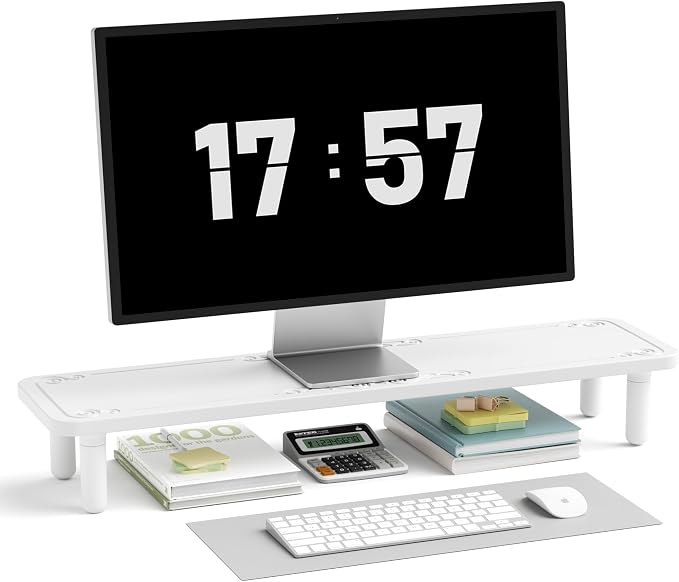 AFOOYO Dual Monitor Stand For Desk,31 Inch Adjustable Wood Computer Riser Desktop Storage Stand For Computer,Laptop,Printer,TV,White Scroll