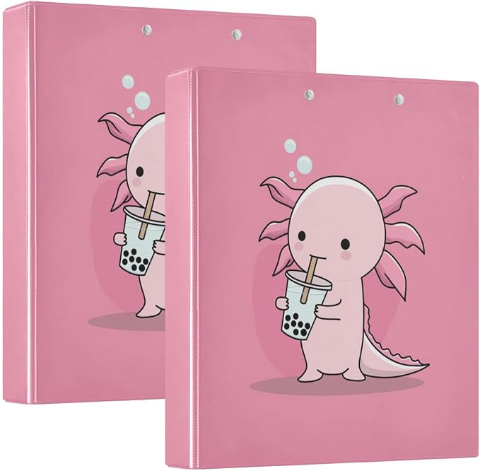 Funny Animal Cute Pink Axolotl Binder 3 Ring 1.5 Inch Binder with Clipboard&Pockets, Hardcover Binders Heavy Duty Large File Folder for Office School Supplies - Holds 200 Sheets, 2 PC