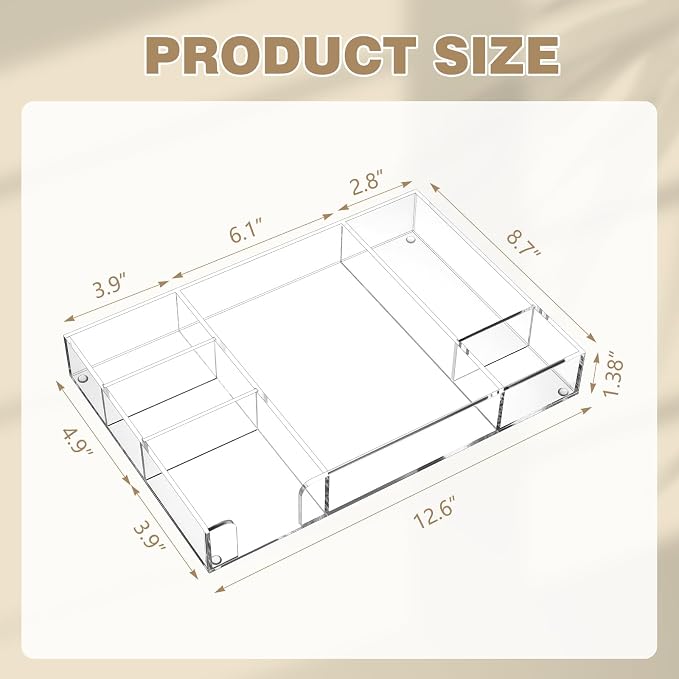 Briwooody 2 Pcs Clear Acrylic Desk Drawer Organizer 12 x 8 x 1.77 Inch Drawer Organizer Trays with 6 Compartments Desk Accessories for Office Makeup Silverware Bathroom