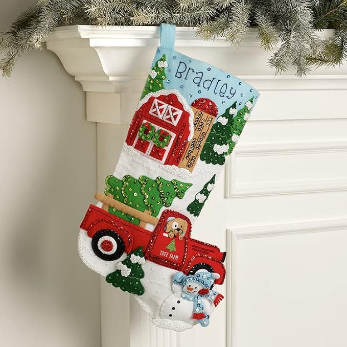 Bucilla Felt Applique 18" Stocking Making Kit, Christmas at The Farm, Perfect for DIY Arts and Crafts, 89534E