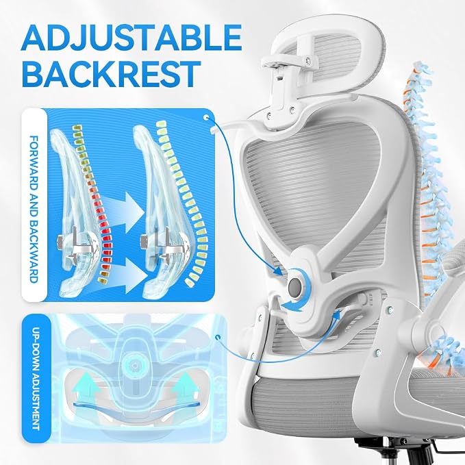 Ergonomic Office Chair, Mesh Home Office Desk Chairs with 3D Headrest | Freepub Computer Gaming Chair whit Adjustable High Back Lumbar Support, Executive Swivel chairs, 350LBS Capacity, Grey