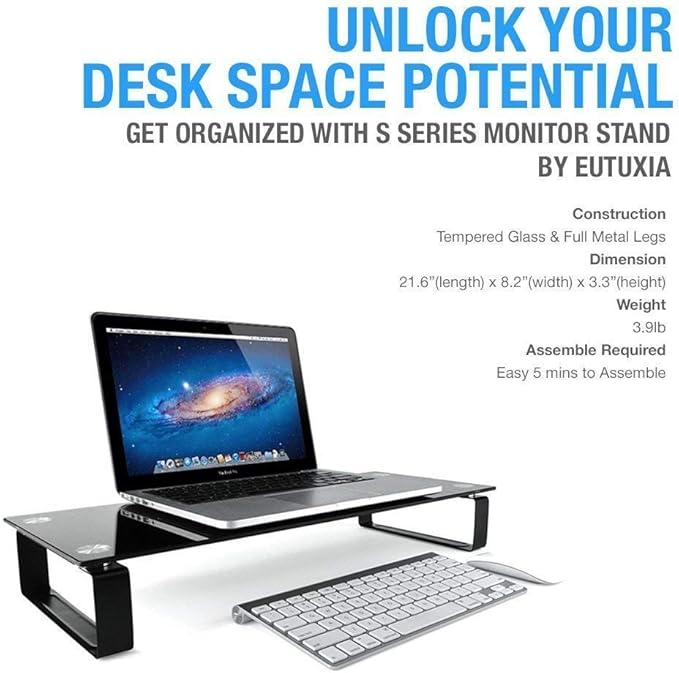 Type-S Black Tempered Glass Monitor Stand, TV, Laptop, Computer, All-In-One Desktop, Printer Riser [21.75 x 8.25 x 3.25 Inches]