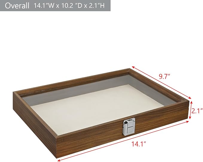 MOOCA Jewelry Display Case, Display Case Accessories Storage Box with Tempered Glass Hinge Lid, Jewelry Tray for Collectibles, Walnut Color, 14.1W x 10.2D x 2.1H in