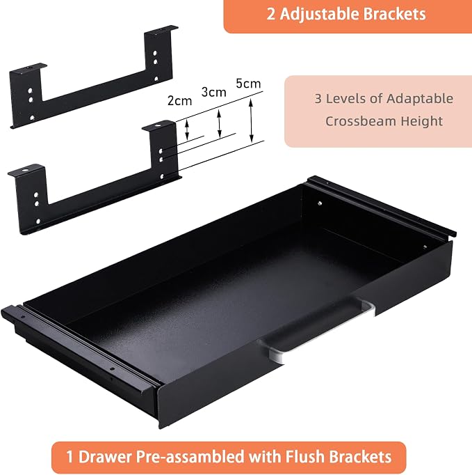 Under Desk Drawer Organizer 21", Large Desk Pencil Storage Drawer | Black, Under Cabinet Table, Heavy Duty Pull Out Shelf, Attachable for Workbench, Adjustable Brackets, Work Shop, Desk Lip