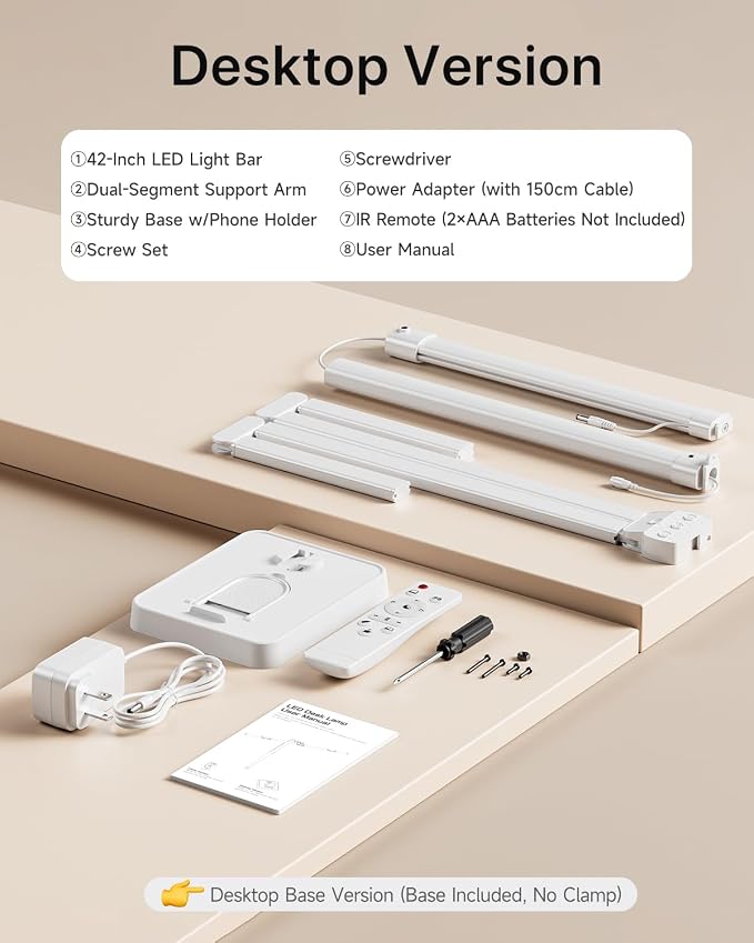 ONEMIX LED Desk Lamp with Base, 42-Inch 4-Panel Light for Dual Monitors | 1800 Lumens, 4 Adjustable Panels, 5 Color Temps, 5 Brightness Levels, Remote, Timer, Flicker-Free for Home Office