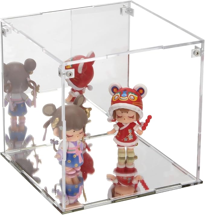 6x6x6Inch Self-Assemble Clear Acrylic Display Case with Mirror Back | Action Figure Dustproof Storage Display Box with Mirrored Base Stand, Cube Storage Containers for Home Office Collectibles