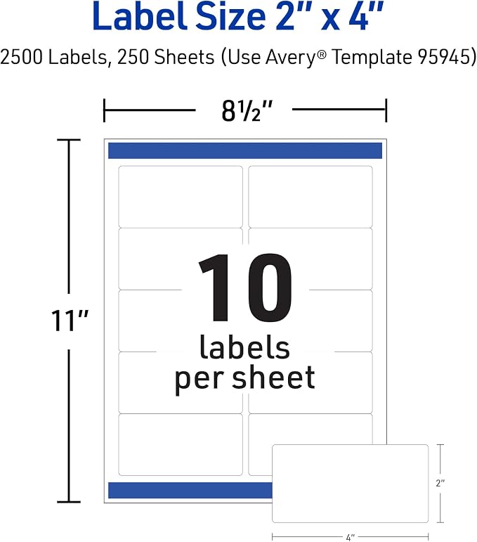 Avery Shipping Labels, Sure Feed Technology, 2" x 4" Customizable Stickers, White, Laser/Inkjet Printable, 2,500 Blank Mailing Labels, 5,000 Total (2-Pack of 95945)