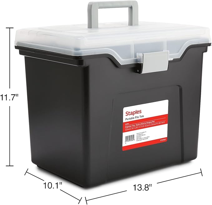 Staples File Folder Tote, Portable Filing Box for Letter Size Hanging Files | Black/clear tote with security latch and built-in lid organizer for easy file transport.