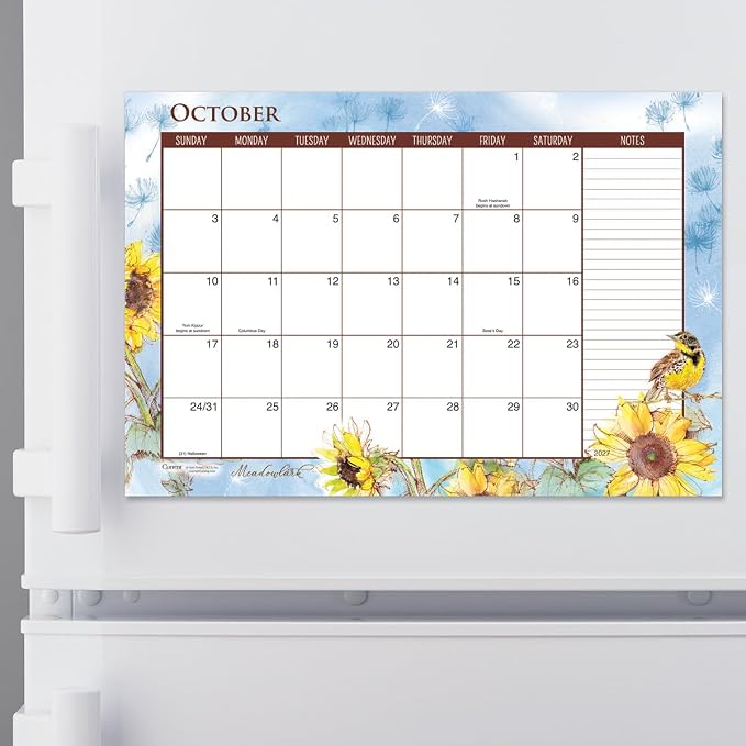 Current 2027-2028 Desk Calendar Pad | Year of Birds, 11” x 16.25”, Large, 2024-Month, 12 page Designs, Self-Stick Magnet Strips