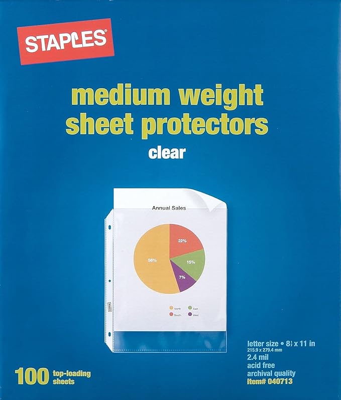 Staples Sheet Protectors, 8.5x11 Inch, Top-Loading, Clear, 500-Pack | 3-hole punched, 2.4 mil standard weight for binders and document storage.