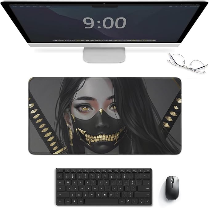 Large Mouse Pad Gaming Aesthetic Anime Girl Japanese Samurai Portrait Big Computer Desk Mat Desk Pad for Keyboard and Mouse Mat Non-Slip Base 30x60cm