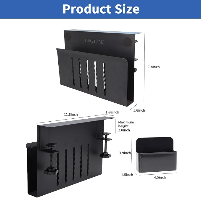 LUKETURE Desk Side Storage Laptop Holder No Drill Clamp On Organizer | Steel Side Desk Organizer, Clamp on Laptop Mount with Pen Holder, Hanging Storage for Home Office, Fits 0.3" to 2.8"