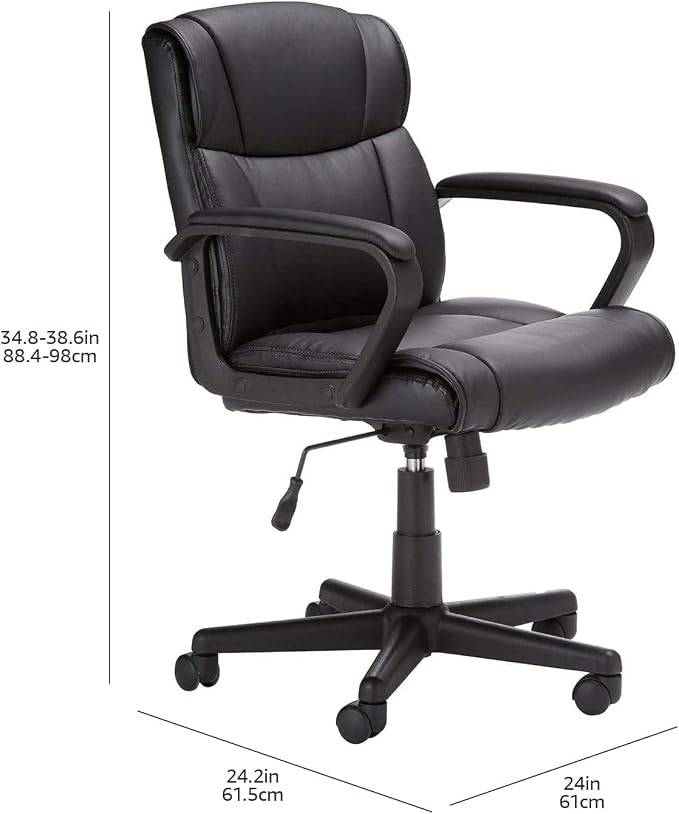 Amazon Basics Office Task Chair with Adjustable Height, 360° Swivel, Padded Armrests, Mid-Back, Rolling, 275 Pound Capacity, 24"D x 24.2"W x 34.8"H, BIFMA Certified, Dark Brown Faux Leather