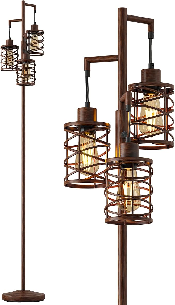 70" Industrial Floor Lamp, Stepless Dimmable Standing Lamp with 3 Bulbs, Farmhouse Corner Standing Tree Lamp for Living Room, Tall Lamps for Bedroom, Office, Study Room, Dining Room