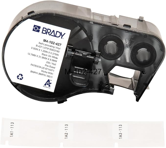 Brady Authentic (M4-102-427) Self-Laminating Vinyl Wrap Around Labels 1.25" H x 0.5" W Black on White, Clear, 200 Labels. for use with the BMP41, BMP51, and M511 Label Printers
