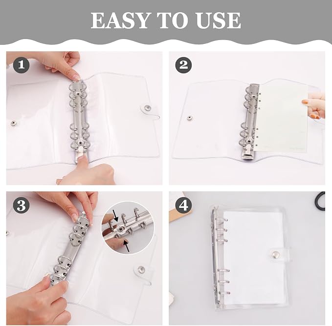 6 Pack PVC A6 Binder Transparent 6 Ring Binder Clear Soft PVC Notebook Cover Budget Planner Folder Cover with Snap Button