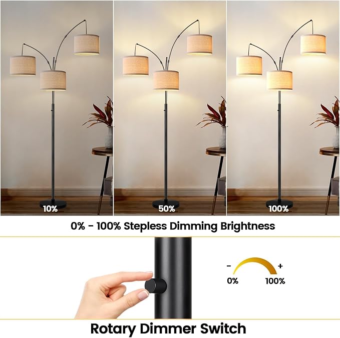Dimmable 3 Lights Floor Lamp - 3000LM Super Bright Arc Floor Lamps for Living Room, Modern Tall Standing Lamp With Beige Shades, Mid Century Tree Floor Lamp for Bedroom Office, 3 LED Bulbs Included